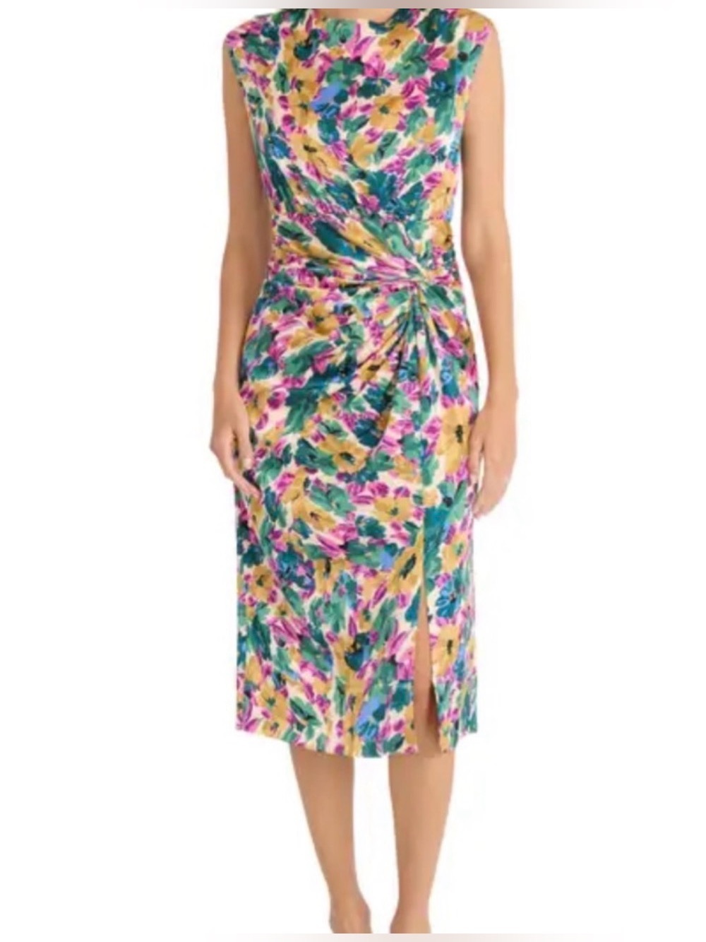 Maggy London Floral Twist Midi Dress in Yellow, Green & Pink US 18